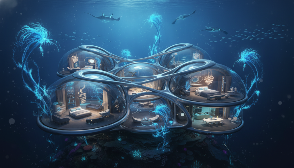 Ciudad submarina futurista AURA sostenible bajo el océano